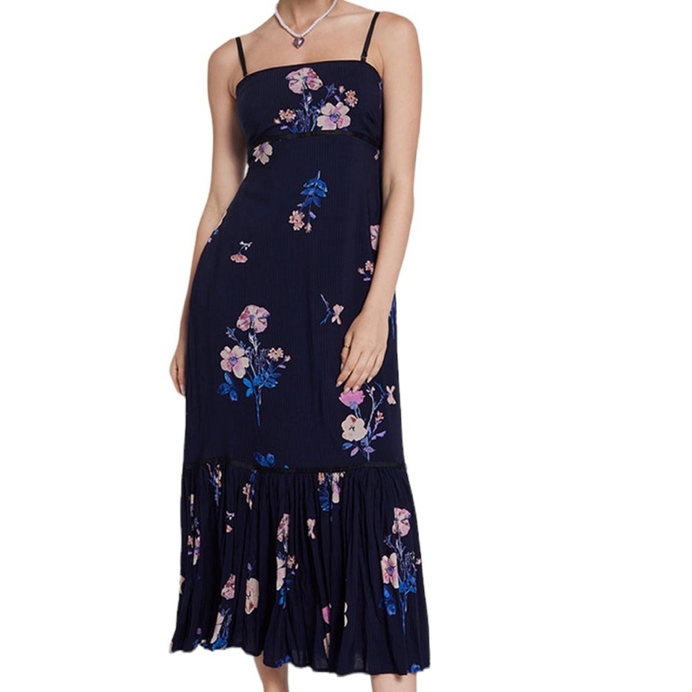 Free People Navy Midi Dress with Pink & Blue Floral Print